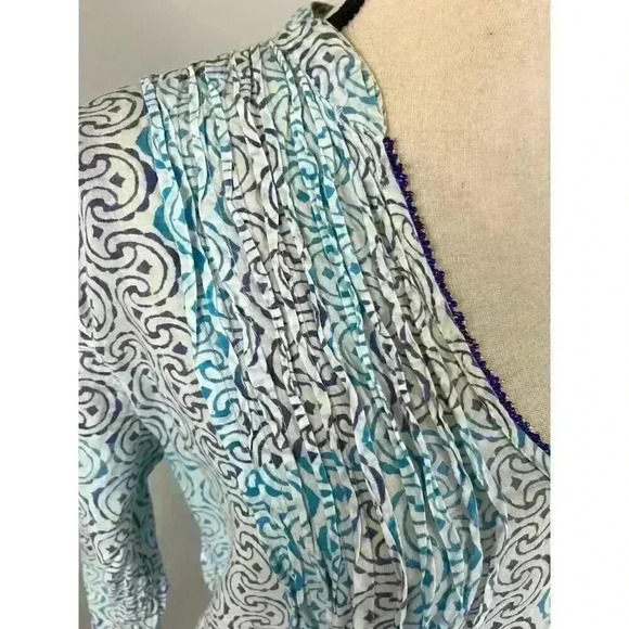 Roberta Roller Rabbit Geometric Blue Beaded Blouse V Neck 3/4 Sleeve Women's S - Picture 3 of 14